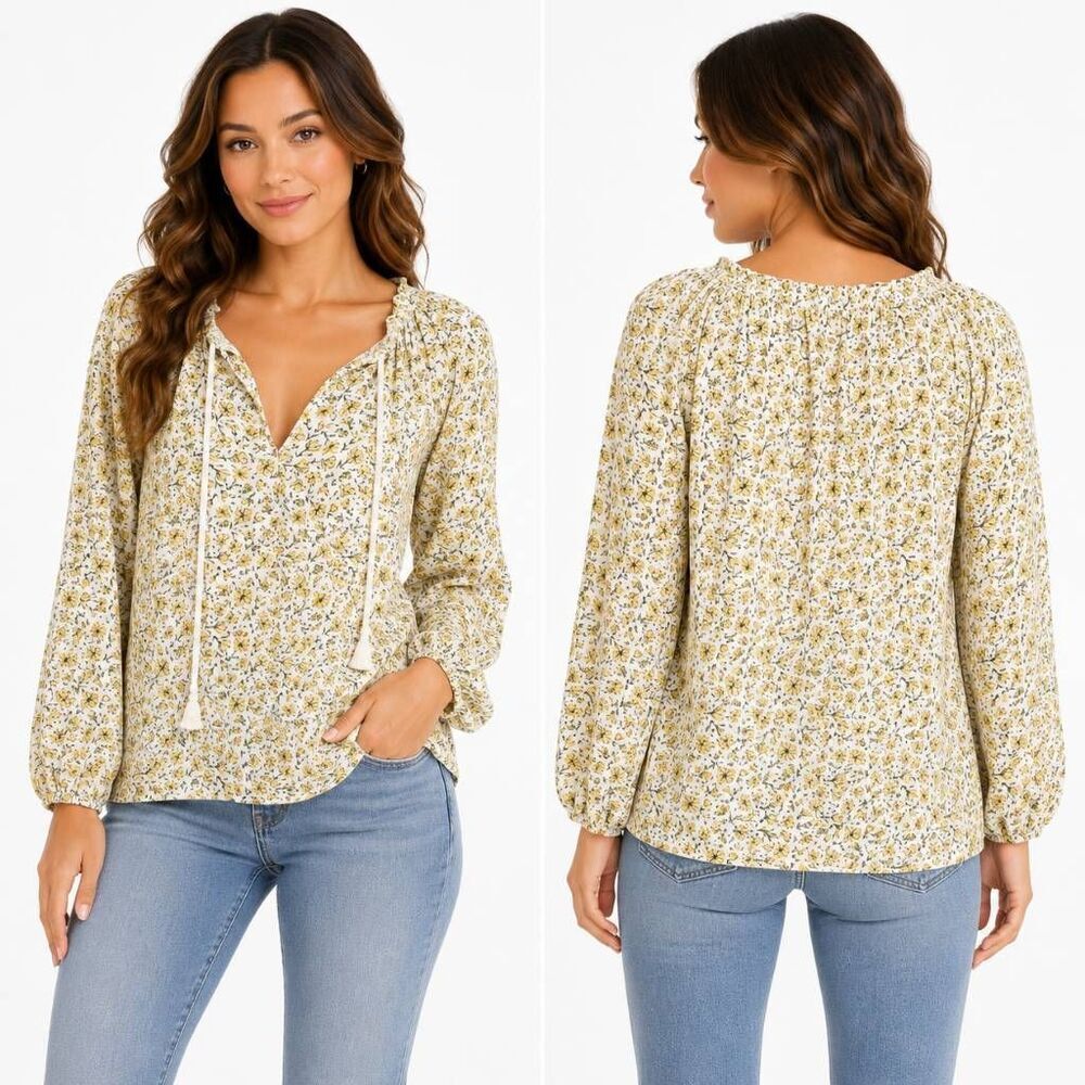 Billabong Women’s Small Peasant Top Yellow Floral Boho Crinkle Cotton Blouse Tie